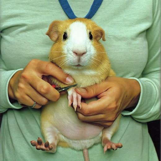 A guinea pig's claws being trimmed by hand