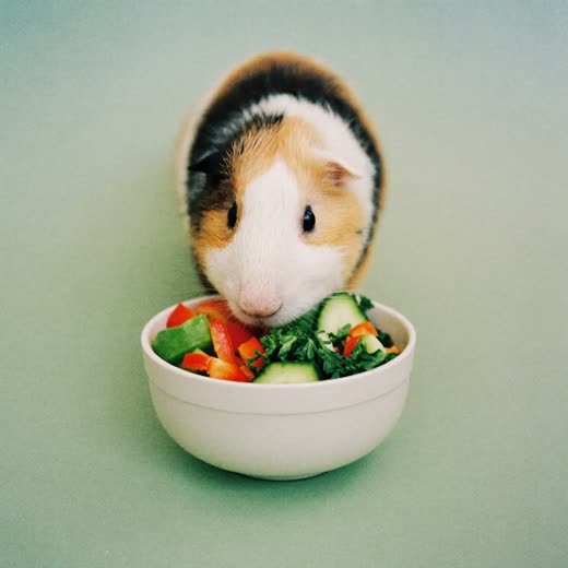 A guinea pig eating fresh chopped vegetables from a bowl